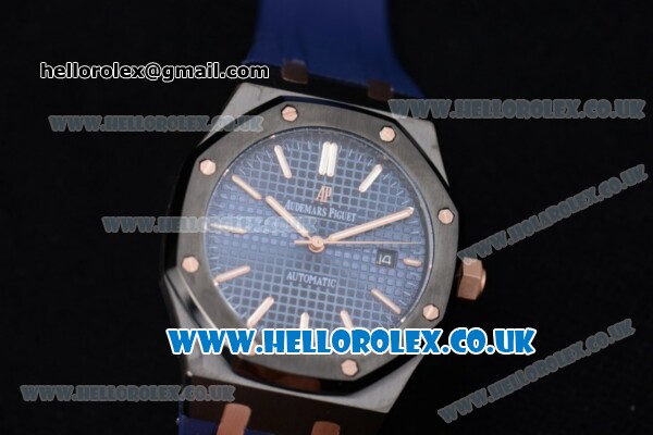 Audemars Piguet Royal Oak 36mm Asia ST16 Automatic PVD Case with Blue Dial Stick Markers and Blue Rubber Strap (EF) - Click Image to Close